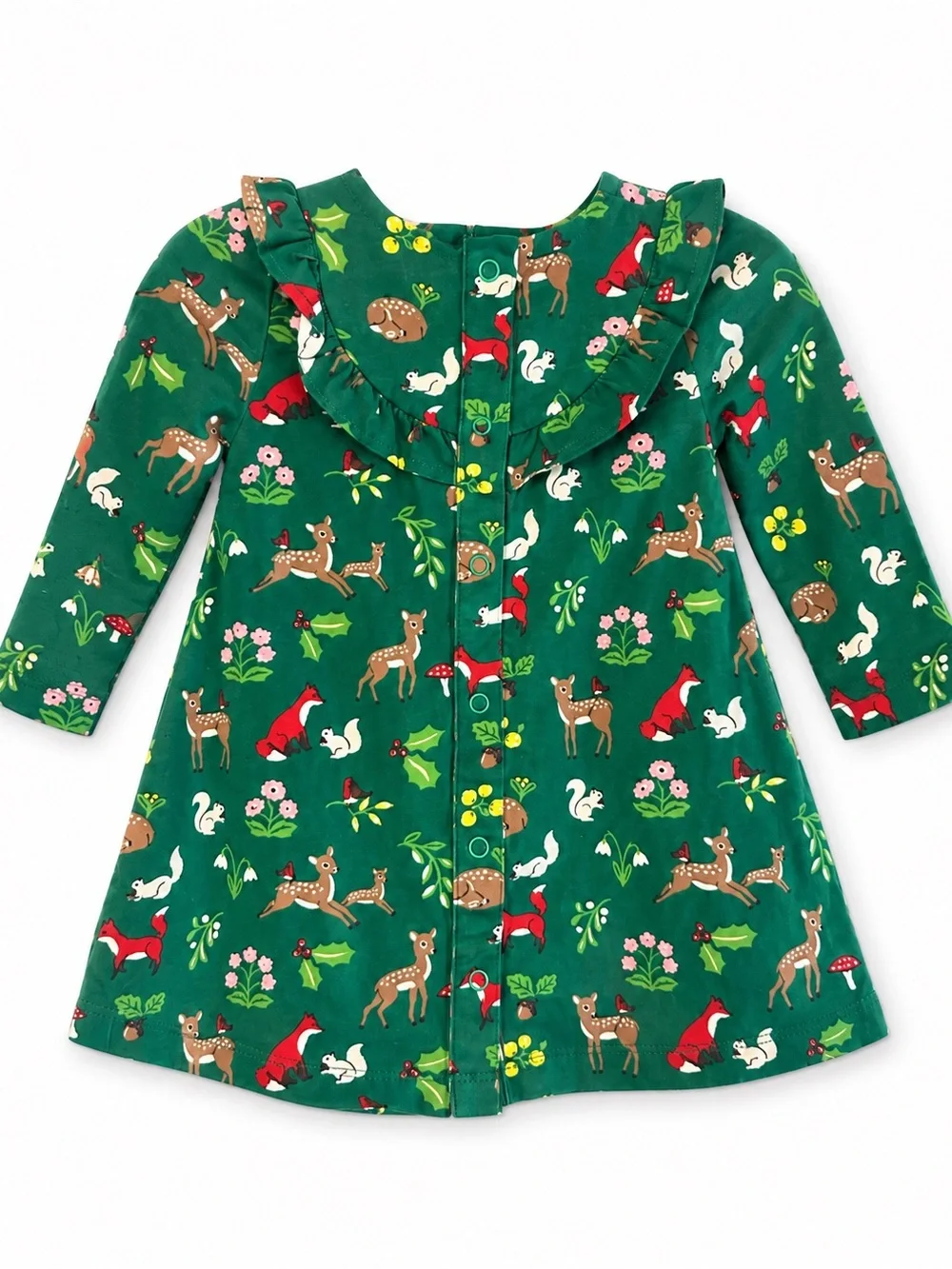 Baby Boden 3-6M Woodland Fox Deer Ruffle Dress Green EUC appears NWOT